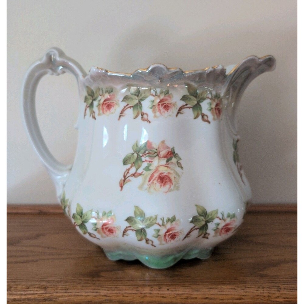 Vtg Large 8x9" Austria M&Z Roses/Gold Trim Pitcher Green Victorian Cottage Core